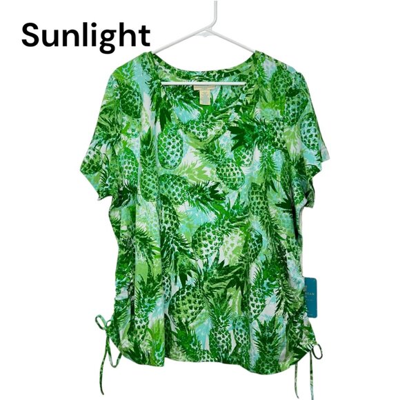 Caribbean Joe Womens 2X Green Leaf Print Top Shirt Cotton/Spandex Short Sleeve - Picture 1 of 12